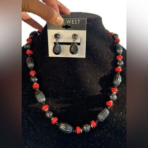 Nine West Black and Red Beaded Necklace 22” and Earring teardrop Set